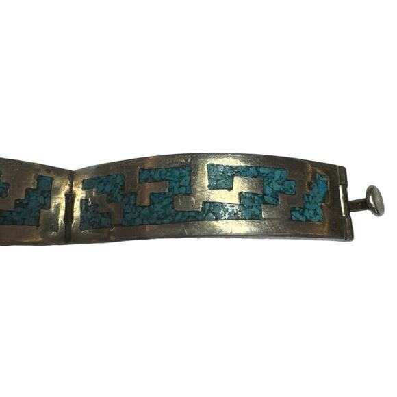 Vintage 925 TC Mexico Sterling Silver Turquoise Inlay Bangle Bracelet - 67 Grams - Picture 7 of 11